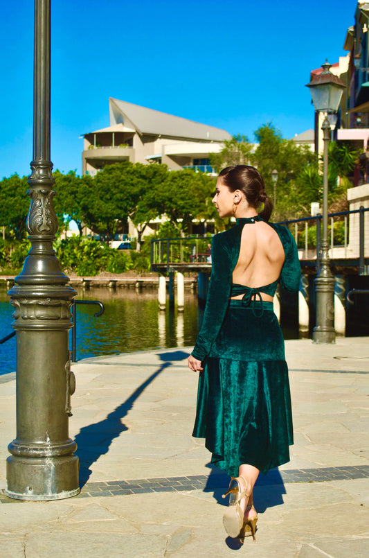 Gaia Green Velvet Tango Set | Top & Skirt - De Floreo
