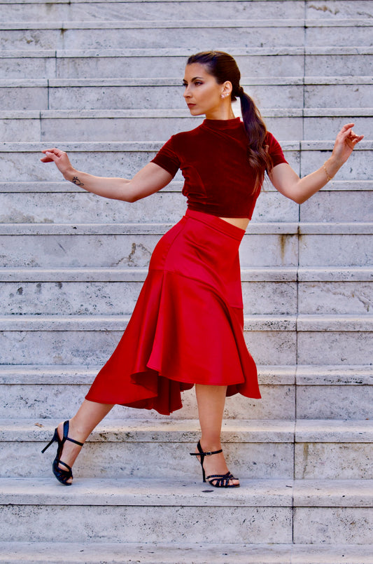 Gaia Burgundy Red Tango Velvet & Satin Set | Top & Skirt - De Floreo